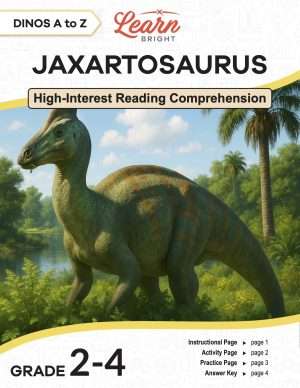 This is the title page for the Dinos A to Z: Jaxartosaurus lesson plan. The main image is of a jaxartosaurus eating leaves. The orange Learn Bright logo is at the top of the page.