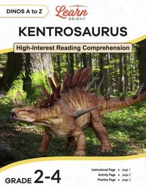 This is the title page for the Dinos A to Z: Kentrosaurus lesson plan. The main image is of a kentrosaurus roaring or calling out in some way. The orange Learn Bright logo is at the top of the page.