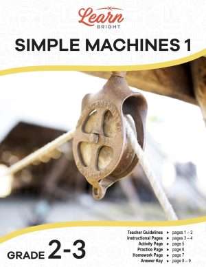 This is the title page for the Simple Machines 1 lesson plan. The main image is of a pulley. The orange Learn Bright logo is at the top of the page.