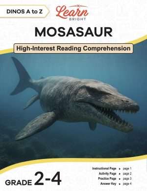 This is the title page for the Dinos A to Z: Mosasaur lesson plan. The main image is of a mosasaur in the water.