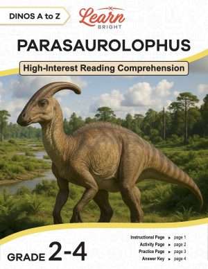 This is the title page for the Dinos A to Z: Parasaurolophus lesson plan. The main image is of a parasaurolophus near a river. The orange Learn Bright logo is at the top of the page.