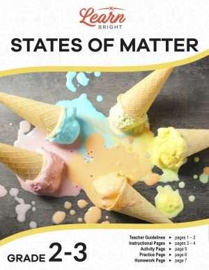 This is the title page for the States of Matter lesson plan. The main image is of melting ice cream cones. The orange Learn Bright logo is at the top of the page.