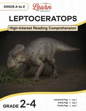 This is the title page for the Dinos A to Z: Leptoceratops lesson plan. The main image is of a leptoceratops grazing on some grasses. The orange Learn Bright logo is at the top of the page.