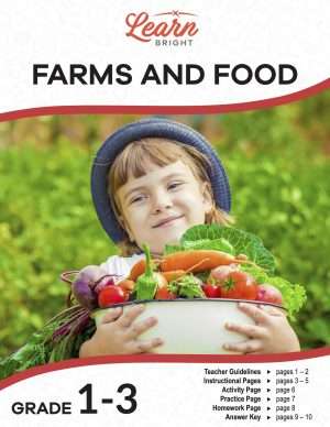 This is the title page for the Farms and Food lesson plan. The main image is of a smiling girl holding a bowl of fresh veggies. The orange Learn Bright logo is at the top of the page.