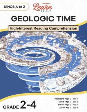 This is the title page for the Dinos A to Z: Geologic Time lesson plan. The main image is a classic spiral that shows the various eras and periods of geologic time. The orange Learn Bright logo is at the top of the page.