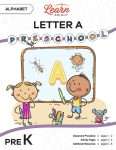 This is the title page for the Alphabet: Letter A lesson plan. The main image is an illustration of two kids in front of a chalkboard with a large "A" on it. The orange Learn Bright logo is at the top of the page.