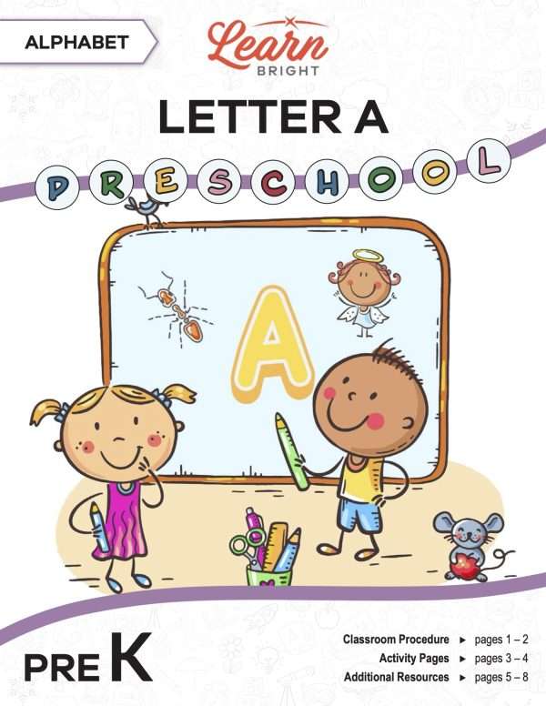 This is the title page for the Alphabet: Letter A lesson plan. The main image is an illustration of two kids in front of a chalkboard with a large "A" on it. The orange Learn Bright logo is at the top of the page.