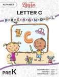 This is the title page for the Alphabet: Letter C lesson plan. The main image is of two children in front of a chalkboard with a large letter C in the middle. The orange Learn Bright logo is at the top of the page.