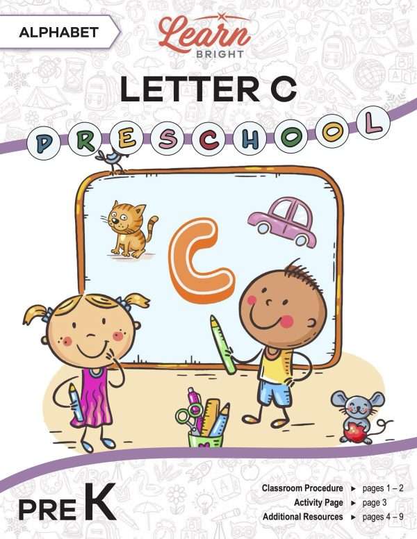 This is the title page for the Alphabet: Letter C lesson plan. The main image is of two children in front of a chalkboard with a large letter C in the middle. The orange Learn Bright logo is at the top of the page.