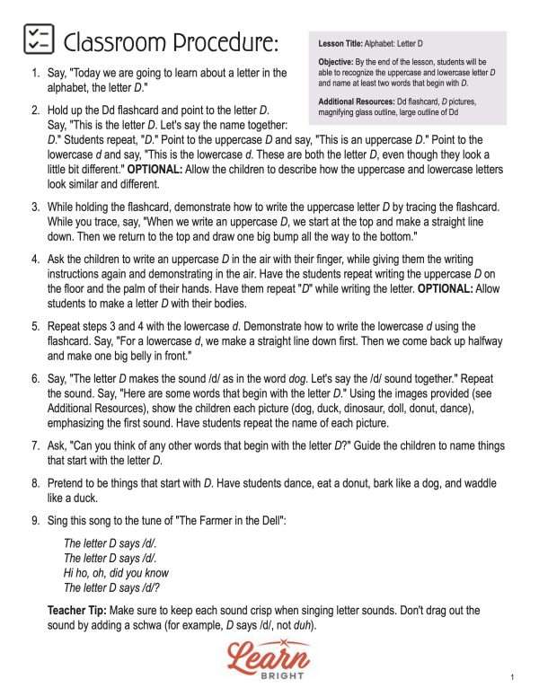 This is the teachers guide for the Alphabet: Letter D lesson plan. The orange Learn Bright logo is at the bottom of the page.