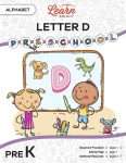This is the title page for the Alphabet: Letter D lesson plan. The main image is of two children in front of a chalkboard with a large letter D in the middle. The orange Learn Bright logo is at the top of the page.