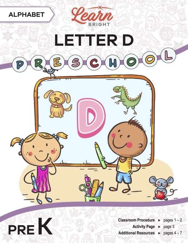This is the title page for the Alphabet: Letter D lesson plan. The main image is of two children in front of a chalkboard with a large letter D in the middle. The orange Learn Bright logo is at the top of the page.