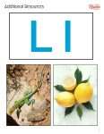 This is an additional resources page for the Alphabet: Letter L lesson plan. There is a photo of a lizard and a photo of lemons. The orange Learn Bright logo is in the upper right corner of the page.