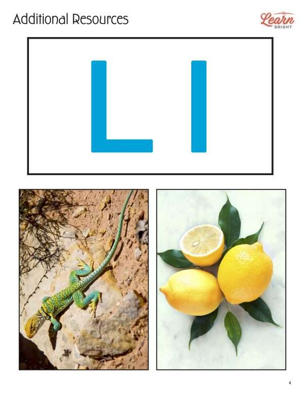 This is an additional resources page for the Alphabet: Letter L lesson plan. There is a photo of a lizard and a photo of lemons. The orange Learn Bright logo is in the upper right corner of the page.