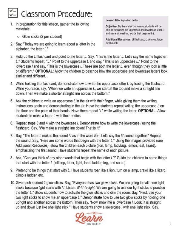 This is the classroom procedure page for the Alphabet: Letter L lesson plan. The orange Learn Bright logo is at the bottom of the page.