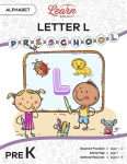 This is the title page for the Alphabet: Letter L lesson plan. The main image is of two kids in front of a chalkboard with a big letter L in the middle. The orange Learn Bright logo is at the top of the page.