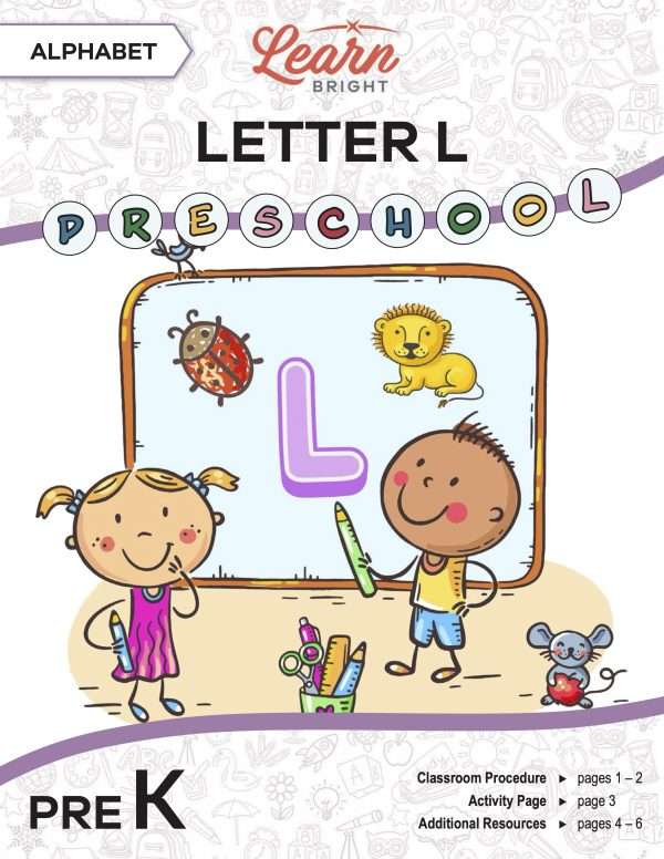 This is the title page for the Alphabet: Letter L lesson plan. The main image is of two kids in front of a chalkboard with a big letter L in the middle. The orange Learn Bright logo is at the top of the page.