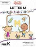 This is the title page for the Alphabet: Letter M lesson plan. The main image is an illustration of two kids in front of a chalkboard with a large "M" on it. The orange Learn Bright logo is at the top of the page.