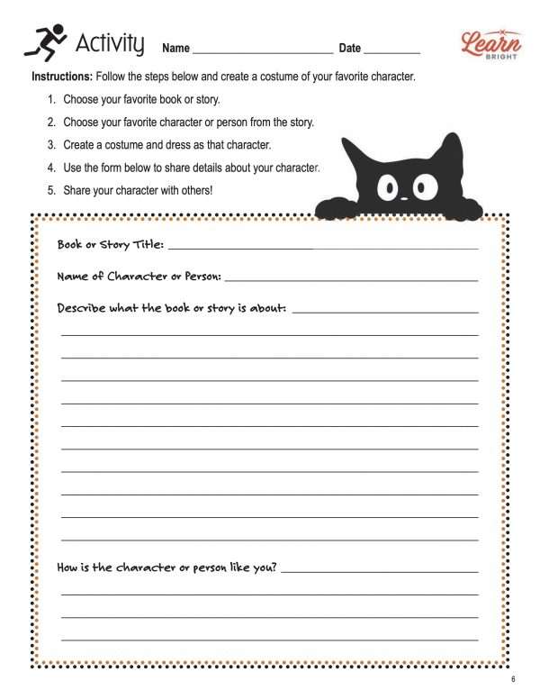 This is the activity worksheet for the Holidays: Halloween lesson plan. There is a graphic of a black cat. The orange Learn Bright logo is in the upper right corner of the page.