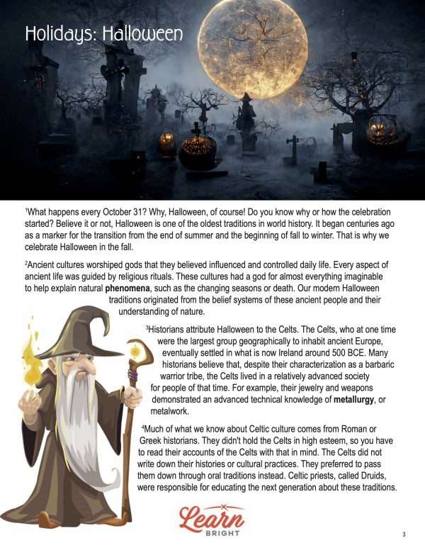 This is a content page for the Holidays: Halloween lesson plan. There is an illustration of a druid. There is a photograph of a cemetery with a large moon in the background. The orange Learn Bright logo is at the bottom of the page.