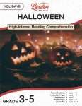 This is the title page for the Holidays: Halloween lesson plan. The main image is of a couple of jack-o'-lanterns amidst some leaves and twinkle lights. The orange Learn Bright logo is at the top of the page.
