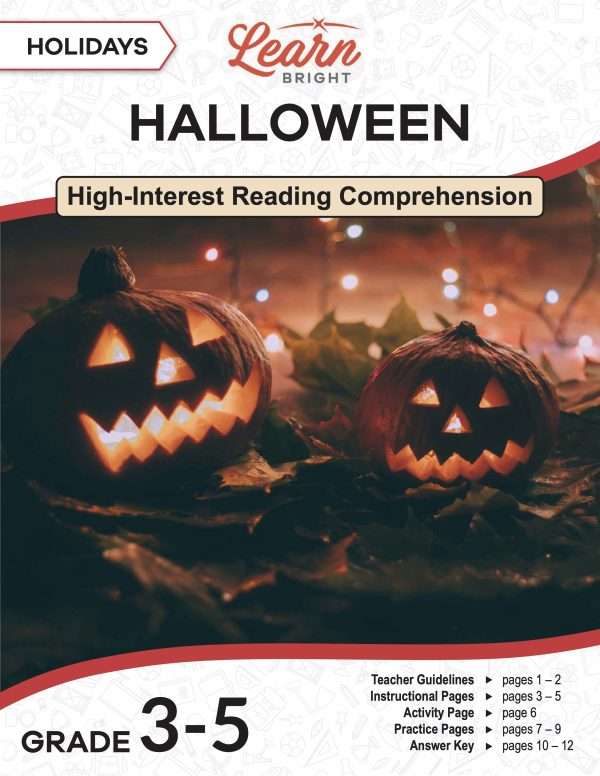 This is the title page for the Holidays: Halloween lesson plan. The main image is of a couple of jack-o'-lanterns amidst some leaves and twinkle lights. The orange Learn Bright logo is at the top of the page.