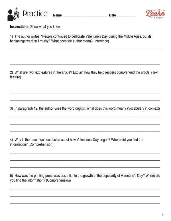 This is the practice worksheet for the Holidays: Valentine's Day lesson plan. The orange Learn Bright logo is in the upper right corner of the page.