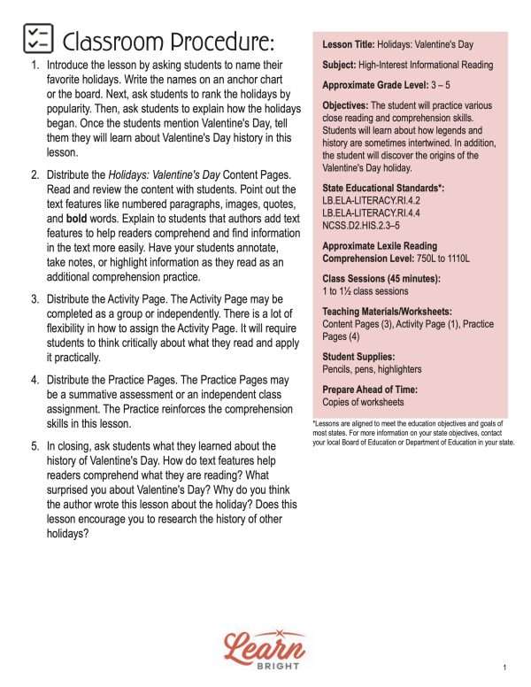 This is the teachers guide for the Holidays: Valentine's Day lesson plan. The orange Learn Bright logo is at the bottom of the page.