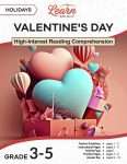 This is the title page for the Holidays: Valentine's Day lesson plan. The main image is a picture of a box filled with hearts, paper hot air balloons, heart balloons, and other things. The orange Learn Bright logo is at the top of the page.