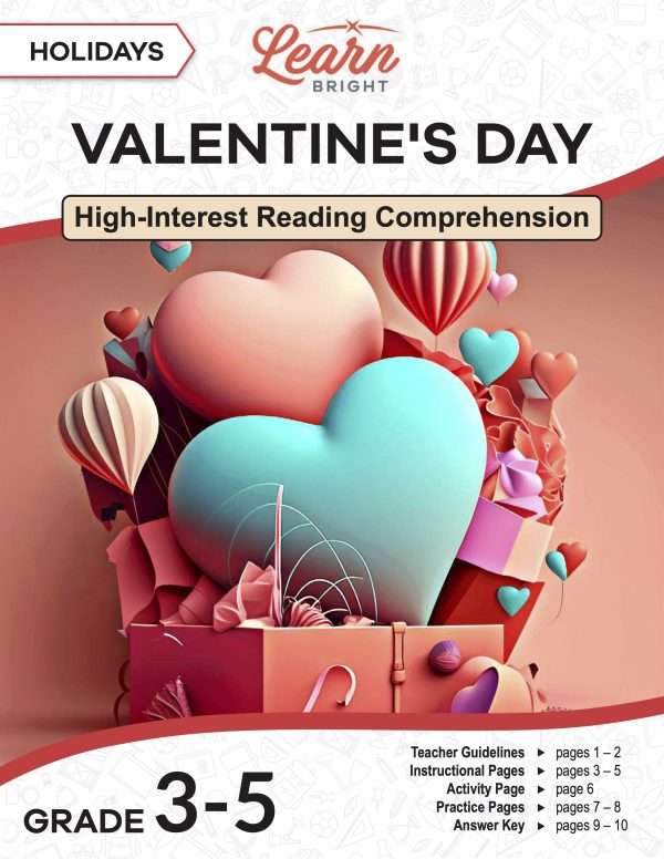 This is the title page for the Holidays: Valentine's Day lesson plan. The main image is a picture of a box filled with hearts, paper hot air balloons, heart balloons, and other things. The orange Learn Bright logo is at the top of the page.