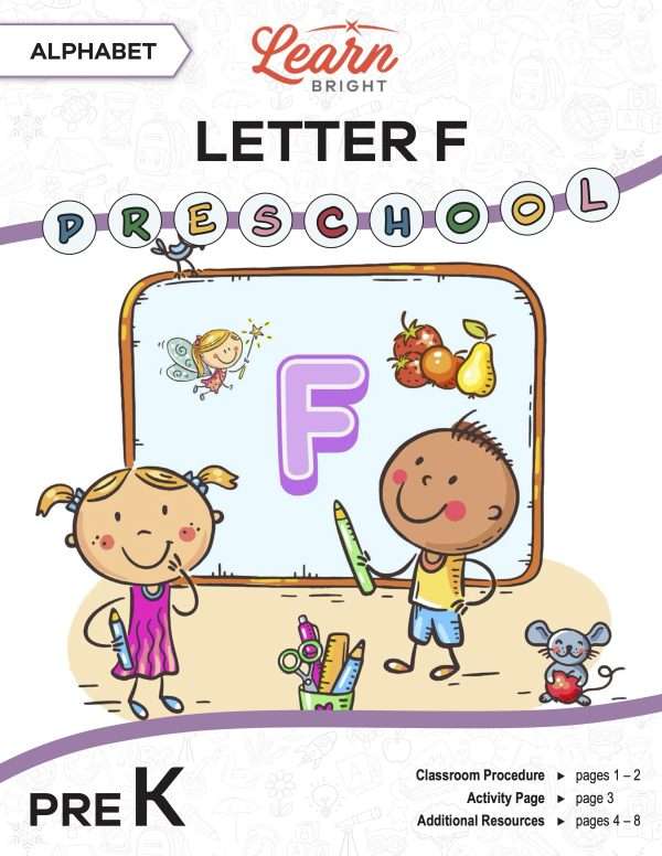 This is the title page for the Alphabet: Letter F lesson plan. The main image is of two children in front of a chalkboard with a large letter F in the middle. The orange Learn Bright logo is at the top of the page.