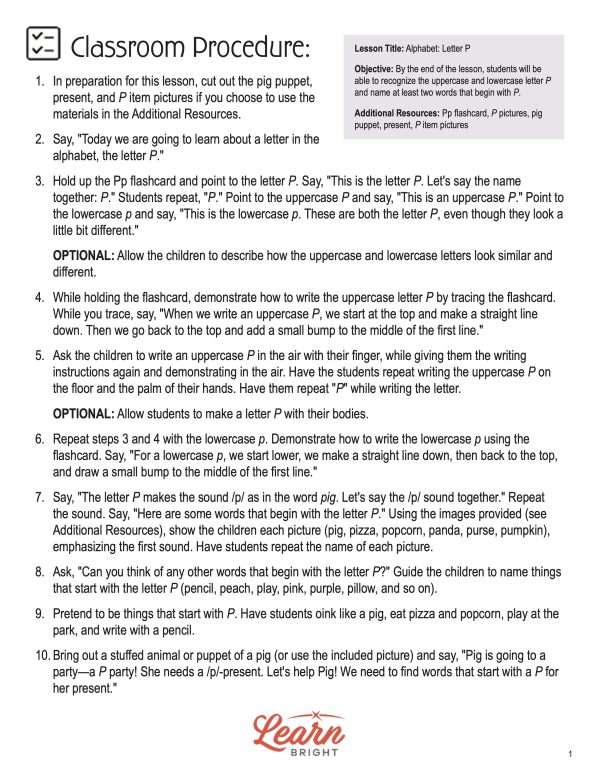 This is the teachers guide for the Alphabet: Letter P lesson plan. The orange Learn Bright logo is at the bottom of the page.