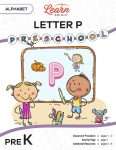 This is the title page for the Alphabet: Letter P lesson plan. The main image is of two children in front of a chalkboard with a large letter P in the middle. The orange Learn Bright logo is at the top of the page.