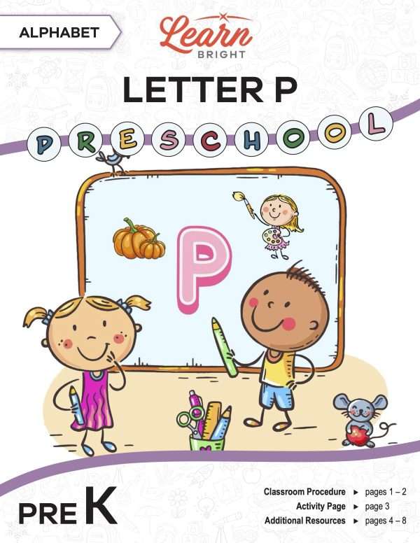 This is the title page for the Alphabet: Letter P lesson plan. The main image is of two children in front of a chalkboard with a large letter P in the middle. The orange Learn Bright logo is at the top of the page.