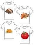 This is an additional resources page for the Alphabet: Letter E lesson plan. There are four t-shirt outlines with different graphics on them: a stack of books, a turkey, a tent, and a tomato.