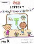 This is the title page for the Alphabet: Letter T lesson plan. The main image is of two children in front of a chalkboard with a large letter T in the middle. The orange Learn Bright logo is at the top of the page.