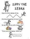 This is an additional resources page for the Alphabet: Letter Z lesson plan. There are graphics of a zebra zigzagging, a box of toys, a zebra zooming, a zebra celebrating, zoo animals, and a zebra saying, "Follow me!"