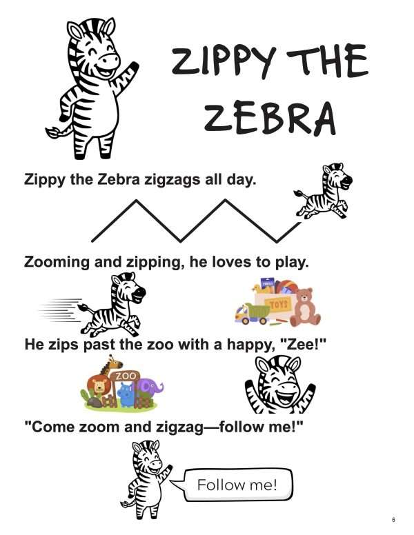 This is an additional resources page for the Alphabet: Letter Z lesson plan. There are graphics of a zebra zigzagging, a box of toys, a zebra zooming, a zebra celebrating, zoo animals, and a zebra saying, "Follow me!"