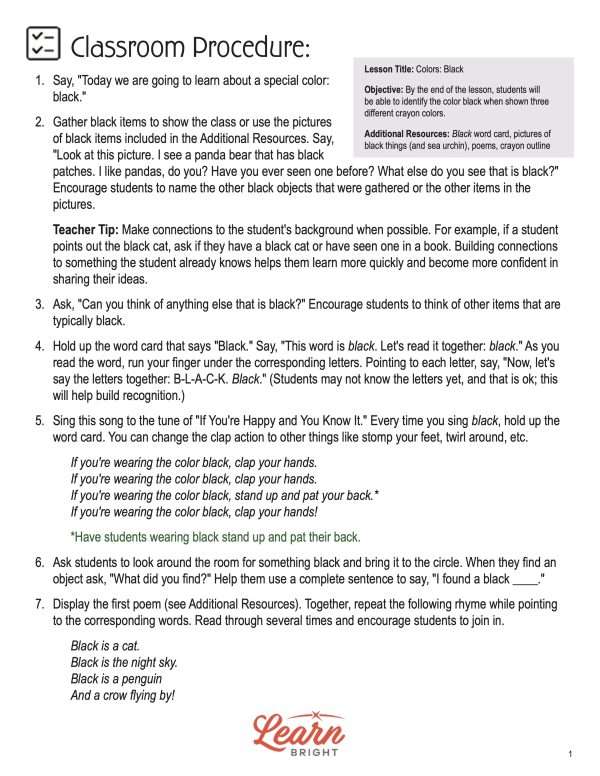 This is the teachers guide for the Colors: Black lesson plan. The orange Learn Bright logo is at the bottom of the page.