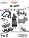 This is the title page for the Colors: Black lesson plan. The main image is a black crayon graphic surrounded by other black objects, such as a spider, dog, and music notes. The orange Learn Bright logo is at the top of the page.