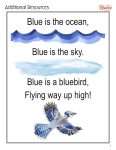 This is an additional resources page for the Colors: Blue lesson plan. There are graphics of ocean waves, a sky, and a blue jay. The orange Learn Bright logo is in the upper right corner of the page.