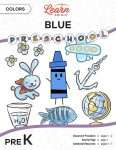 This is the title page for the Colors: Blue lesson plan. The main image is a blue crayon graphic surrounded by other blue objects, such as an anchor, flowers, and a fish. The orange Learn Bright logo is at the top of the page.