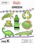 This is the title page for the Colors: Green lesson plan. The main image is a green crayon graphic surrounded by other green objects, such as a turtle, alligator, and frog. The orange Learn Bright logo is at the top of the page.
