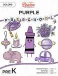 This is the title page for the Colors: Purple lesson plan. The main image is a purple crayon graphic surrounded by other purple objects, such as a hippo, a candle, and flowers. The orange Learn Bright logo is at the top of the page.