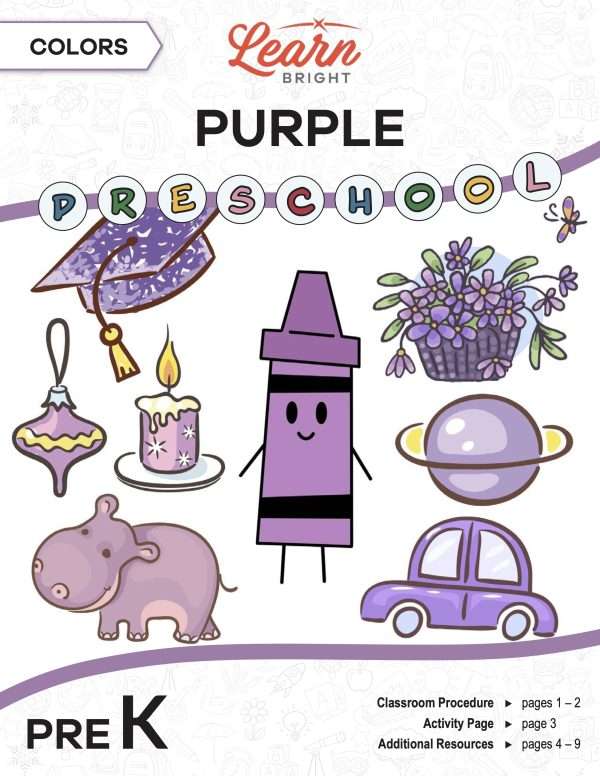 This is the title page for the Colors: Purple lesson plan. The main image is a purple crayon graphic surrounded by other purple objects, such as a hippo, a candle, and flowers. The orange Learn Bright logo is at the top of the page.