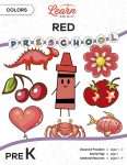 This is the title page for the Colors: Red lesson plan. The main image is a red crayon graphic surrounded by other red objects, such as a crab, strawberries, and a heart. The orange Learn Bright logo is at the top of the page.
