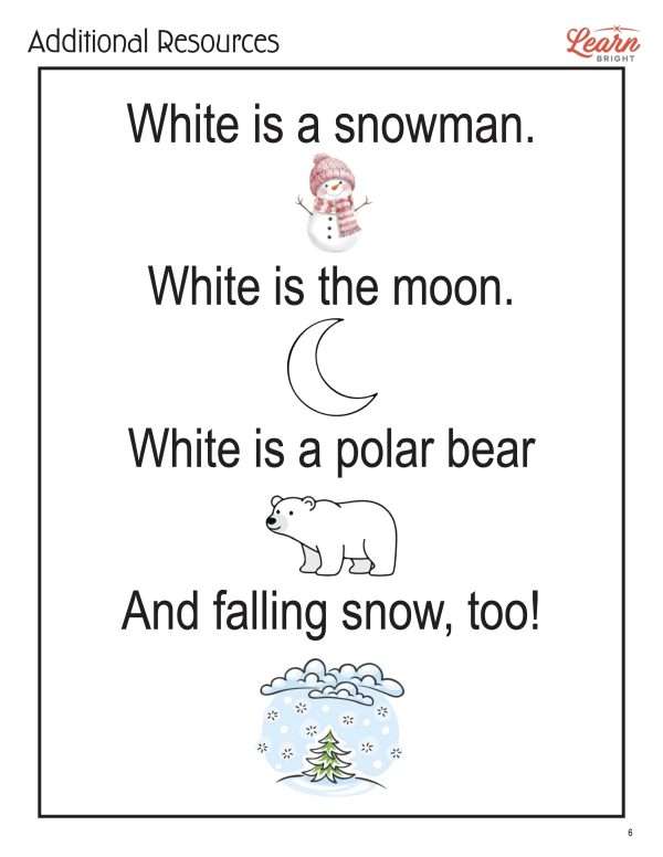 This is an additional resources page for the Colors: White lesson plan. There are graphics of a snowman, moon, polar bear, and snowy scene. The orange Learn Bright logo is in the upper right corner of the page.