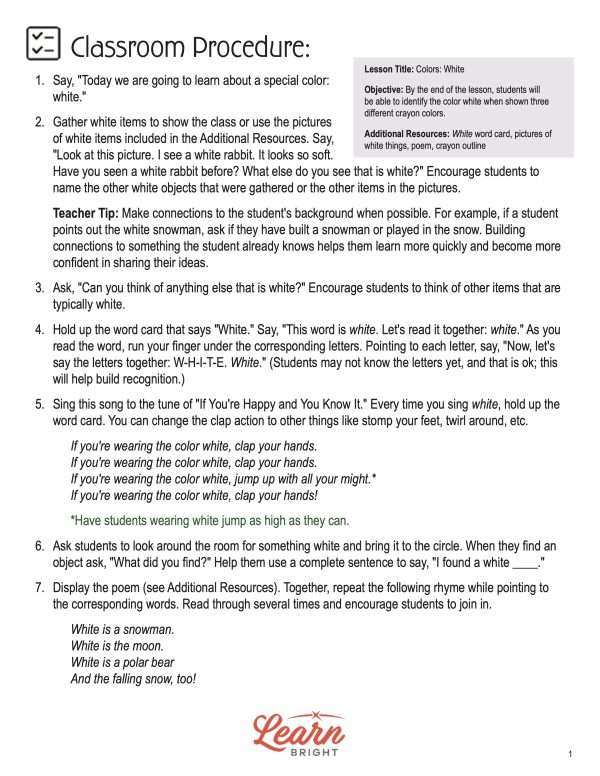 This is the classroom procedure page for the Colors: White lesson plan. The orange Learn Bright logo is at the bottom of the page.