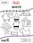 This is the title page for the Colors: White lesson plan. The main image is a white crayon graphic surrounded by other white objects, such as a sheep, a mummy, and a snowman. The orange Learn Bright logo is at the top of the page.