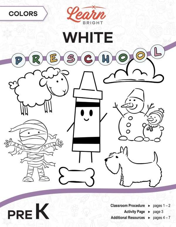 This is the title page for the Colors: White lesson plan. The main image is a white crayon graphic surrounded by other white objects, such as a sheep, a mummy, and a snowman. The orange Learn Bright logo is at the top of the page.